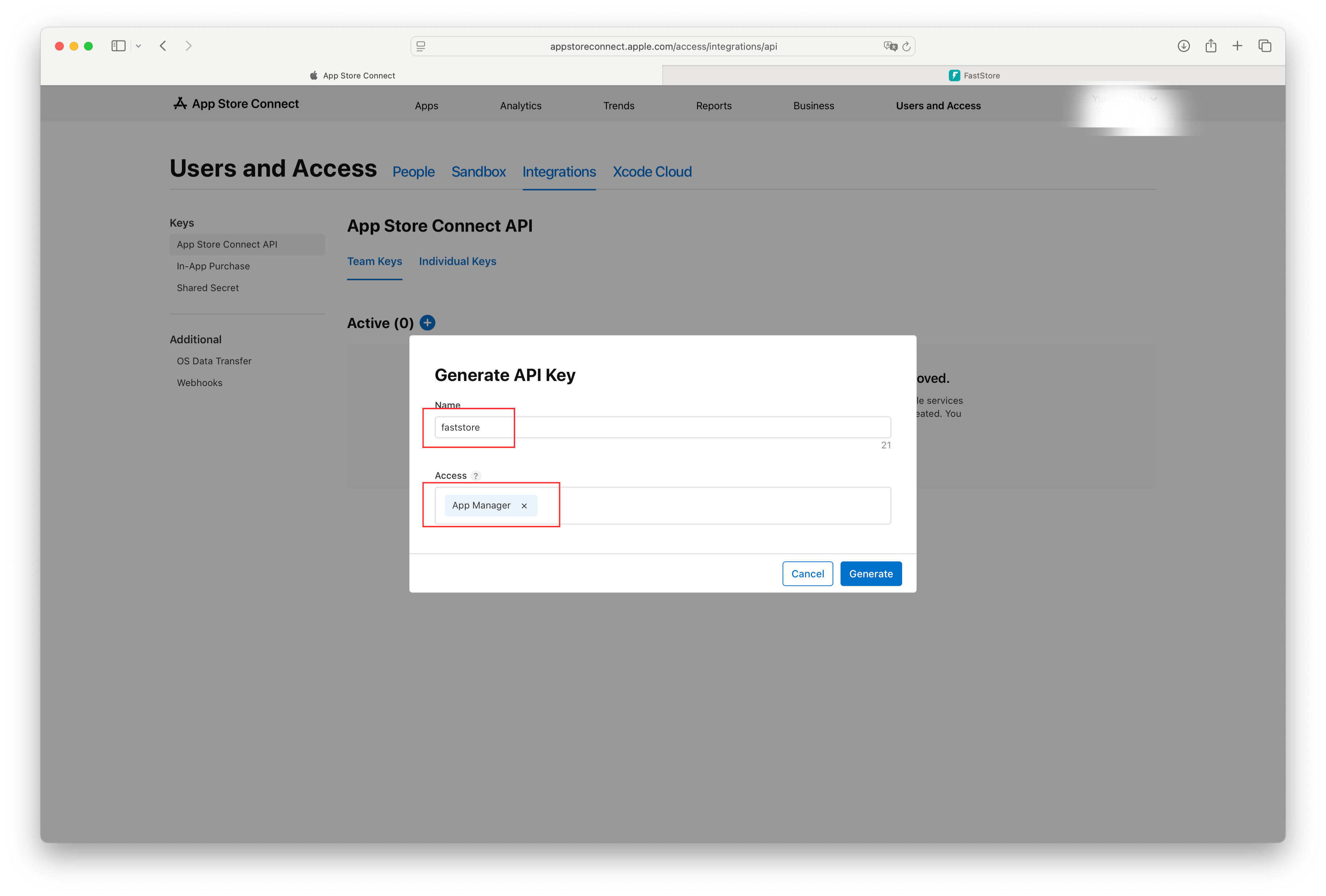Name your key and select App Manager role